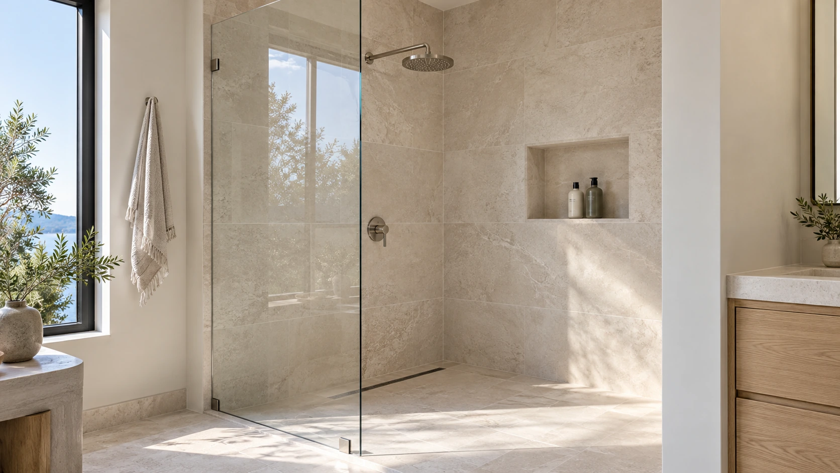 KI-unterstützte Badidee: eine großzügige bodennahe Dusche mit Glas, hellen Steinflächen und polierten Armaturen.