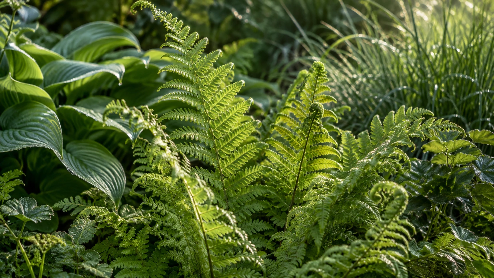 KI-unterstützte fiktive Gartenidee: Farnwedel, Hosta-Blätter und feine Gräser bilden ein dichtes grünes Beet.