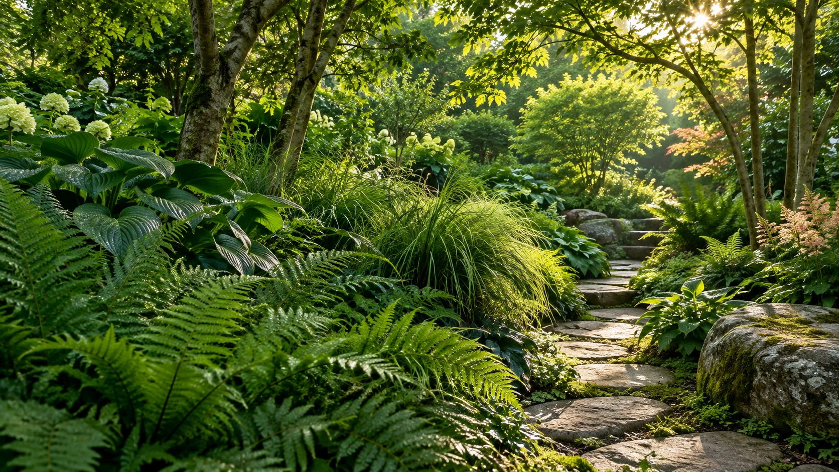 KI-unterstützte fiktive Gartenidee: Ein Natursteinweg führt durch Farne, Gräser und Gehölze ins Sonnenlicht.