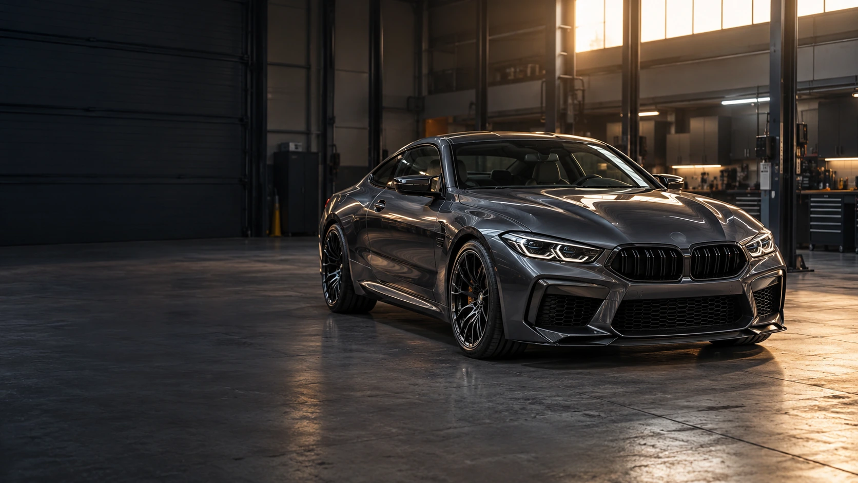 KI-unterstützte Szene: ein graphitfarbenes Sportcoupé in einer dunklen Werkstatt mit warmem Fensterlicht. Kein Kundenfahrzeug.