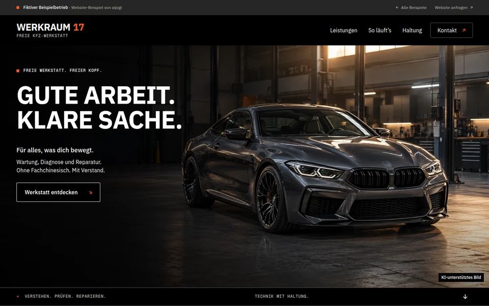 Startbereich der Beispielseite: dunkler Auftritt, die Überschrift „Gute Arbeit. Klare Sache.“ über einem KI-unterstützten Foto eines Sportcoupés in der Werkstatt.